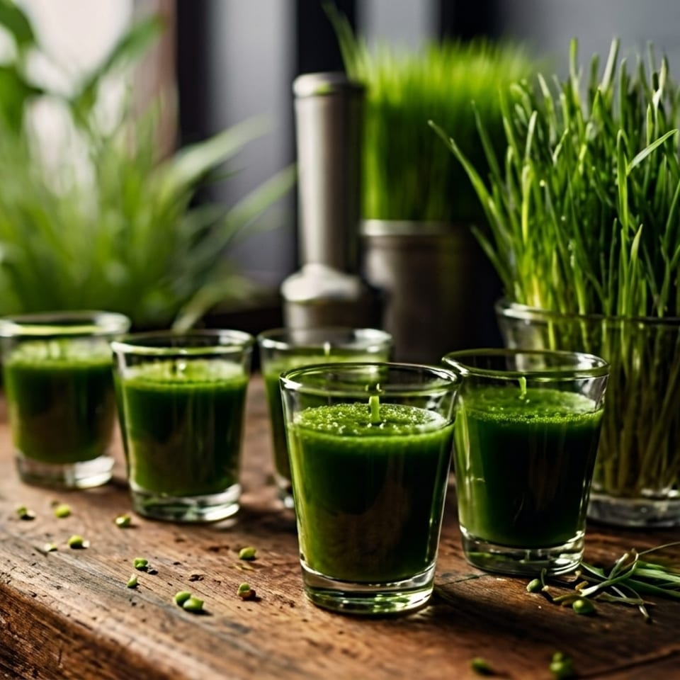 Five glasses of vibrant green wheatgrass shots on a rustic wooden table with fresh wheatgrass.
