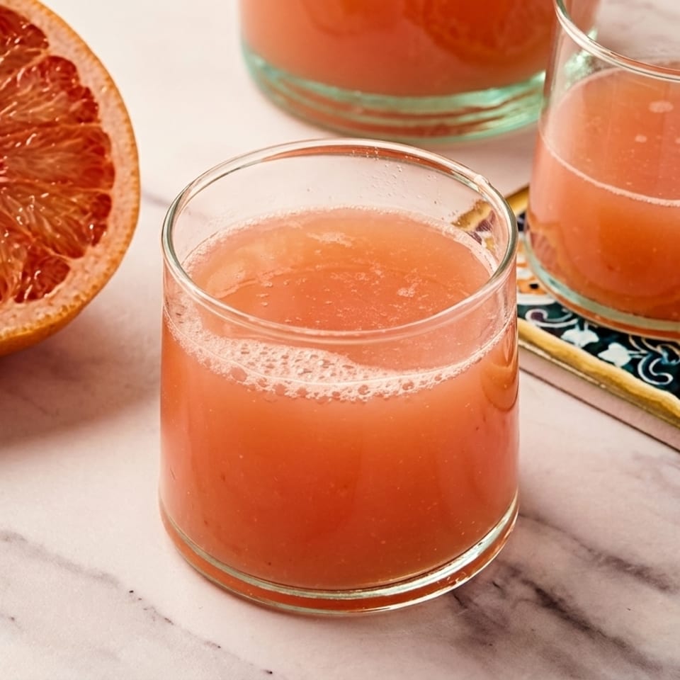 Freshly squeezed grapefruit juice in glasses with a halved grapefruit on a marble surface.
