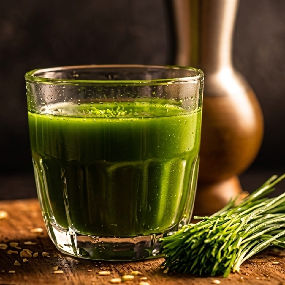 A glass of vibrant green juice with wheatgrass and a wooden vase on a dark background.
