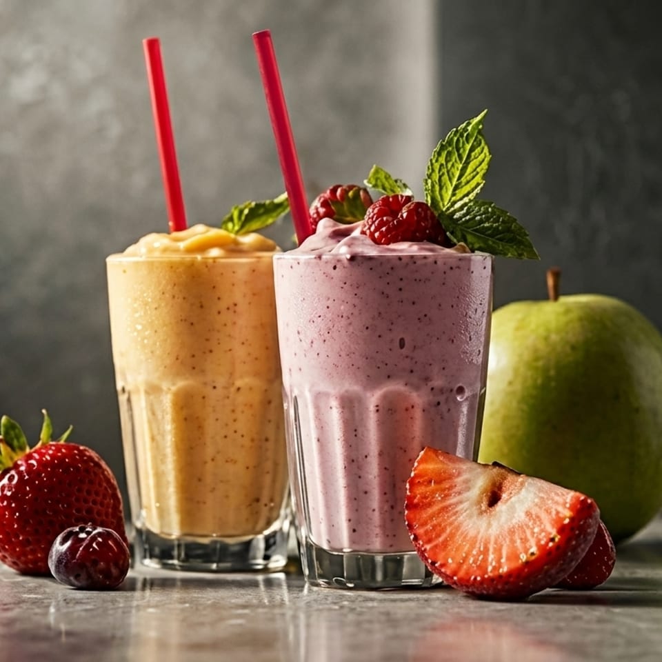 Two vibrant fruit smoothies, one yellow and one pink, garnished with berries and mint, beside fresh fruit.