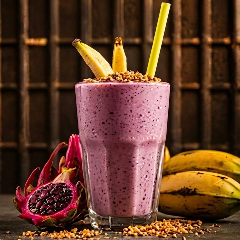Purple smoothie with banana, granola, and a yellow straw, next to dragon fruit and bananas.