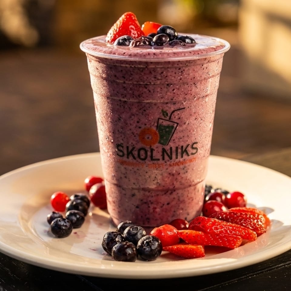 Skolniks berry smoothie with fresh strawberries, blueberries, and cranberries on a white plate.